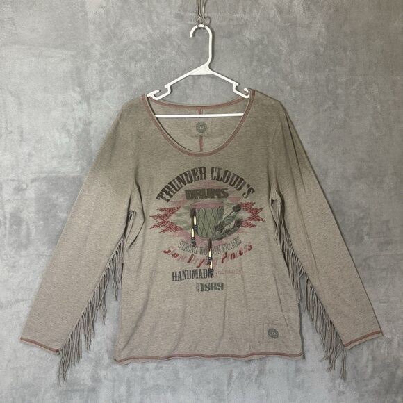 Double D Ranch Long Sleeve Top SZ XL Beaded Southwest Boho Fringe Thunder Clouds - Picture 1 of 9